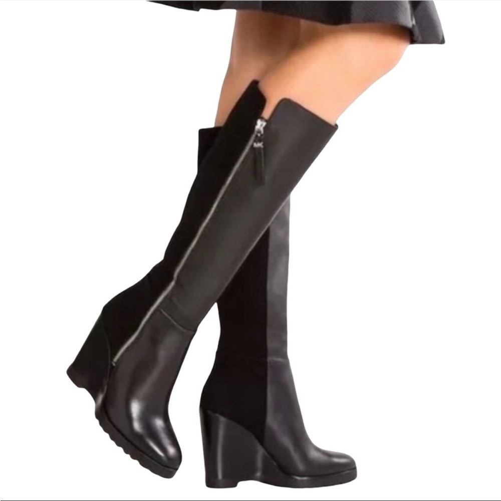 MICHAEL KORS 50/50 Black Leather Suede Clara Wedge Boots